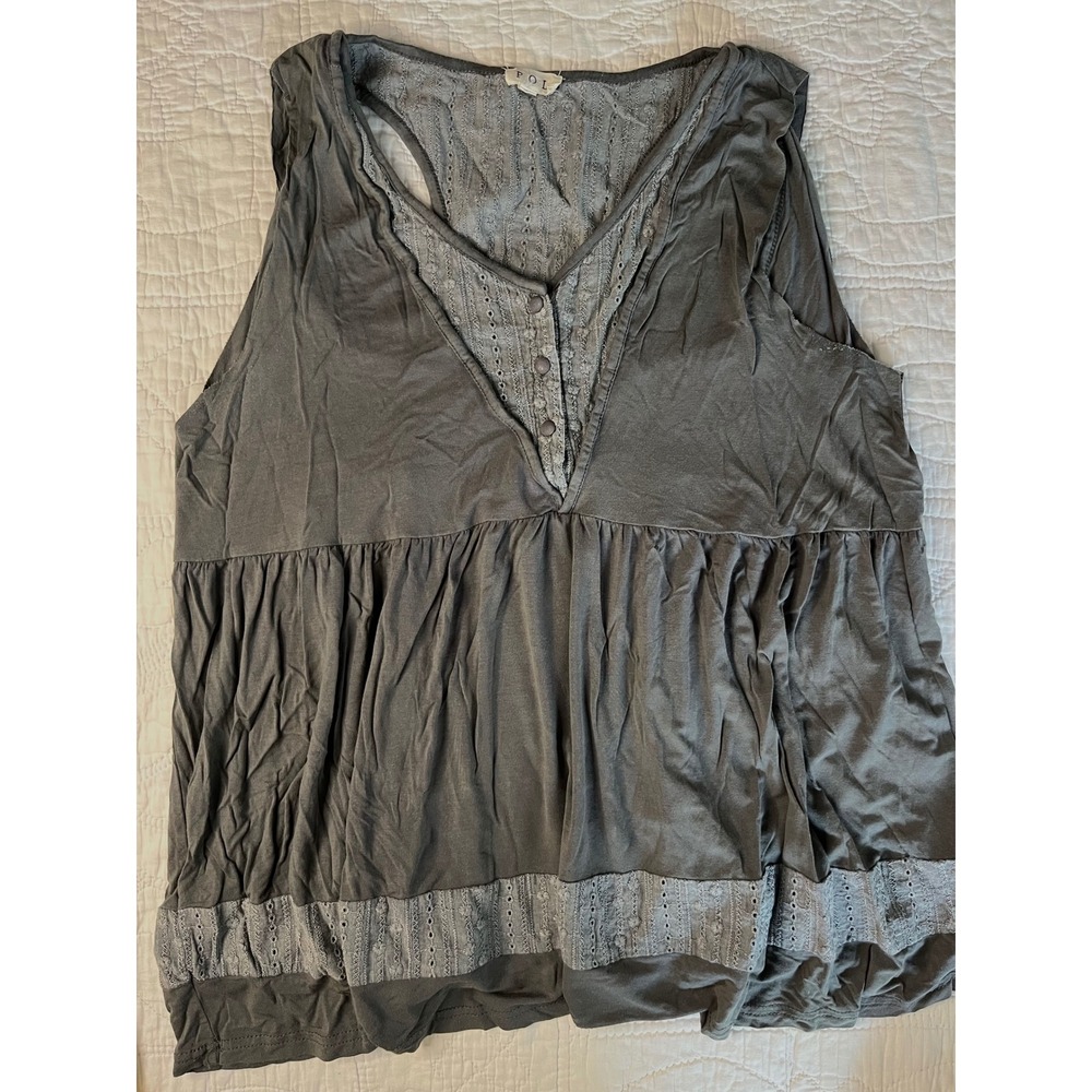 POL Gray Eyelet Embroidered Babydoll Tank Top Racerback V-Neck Medium